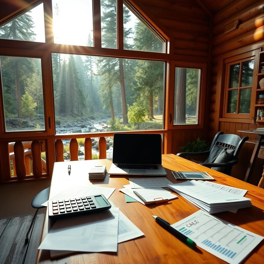 A sun-drenched cabin nestled in a lush forest, with a cozy interior filled with warm wood tones and a large wooden table. On the table, a laptop, a calculator, and various financial documents are spread out, indicating a budgeting session. The cabin's exterior is visible through a large window, showcasing a serene landscape of towering pines and a babbling brook. Soft, natural lighting filters in, creating a peaceful and focused atmosphere for the financial planning underway.