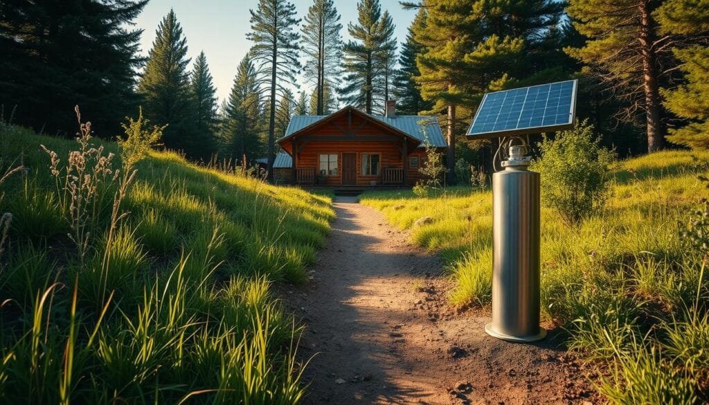 A sun-soaked off-grid cabin nestled amidst lush greenery, its solar water pumps standing proudly in the foreground. The pumps, sleek and modern, are illuminated by warm, natural lighting, casting long shadows across the grassy terrain. In the middle ground, a well-maintained dirt path winds through the scene, leading the eye towards the cabin's rustic wooden facade, framed by towering pines in the background. The atmosphere is one of tranquility and self-sufficiency, with the solar-powered pumps symbolizing the cabin's independence from the grid and its harmonious integration with the surrounding environment.