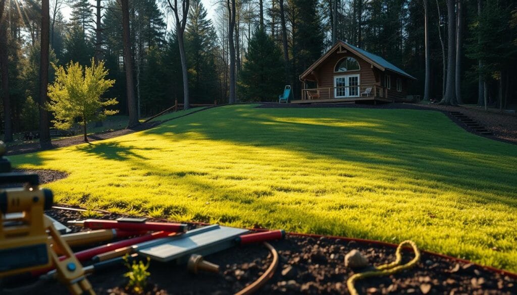 A surveyor examining a sloped yard, measuring the terrain with a level and soil probe. The foreground shows their hands and tools, the middle ground captures the inclined ground covered in lush grass, and the background reveals a cozy cabin nestled in a forested landscape. The scene is bathed in warm, natural sunlight, creating long shadows and highlighting the textural details of the soil. The overall mood is one of thoughtful assessment, as the surveyor carefully plans the optimal placement and construction of a sturdy deck.