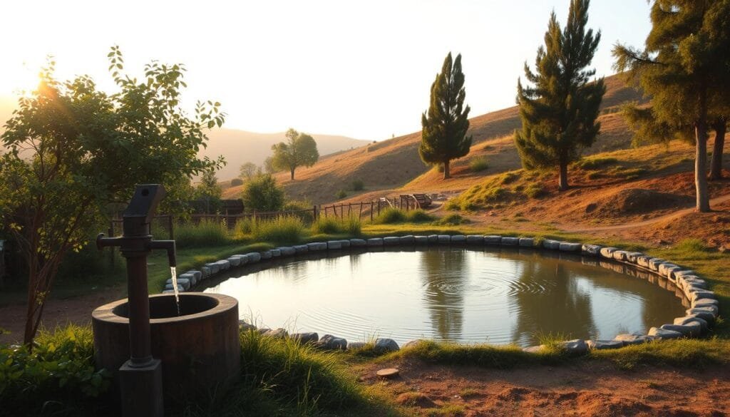 A tranquil outdoor scene of a rural water system, captured in soft, golden-hour lighting. In the foreground, a well with a wooden pump stands amid lush greenery. In the middle ground, a small stone-lined pond reflects the sky, its surface gently rippled. In the background, a gently sloping hillside is dotted with tall trees, their leaves swaying in the light breeze. The atmosphere conveys a sense of rustic charm and self-sufficiency, with the water system seamlessly integrated into the natural landscape.