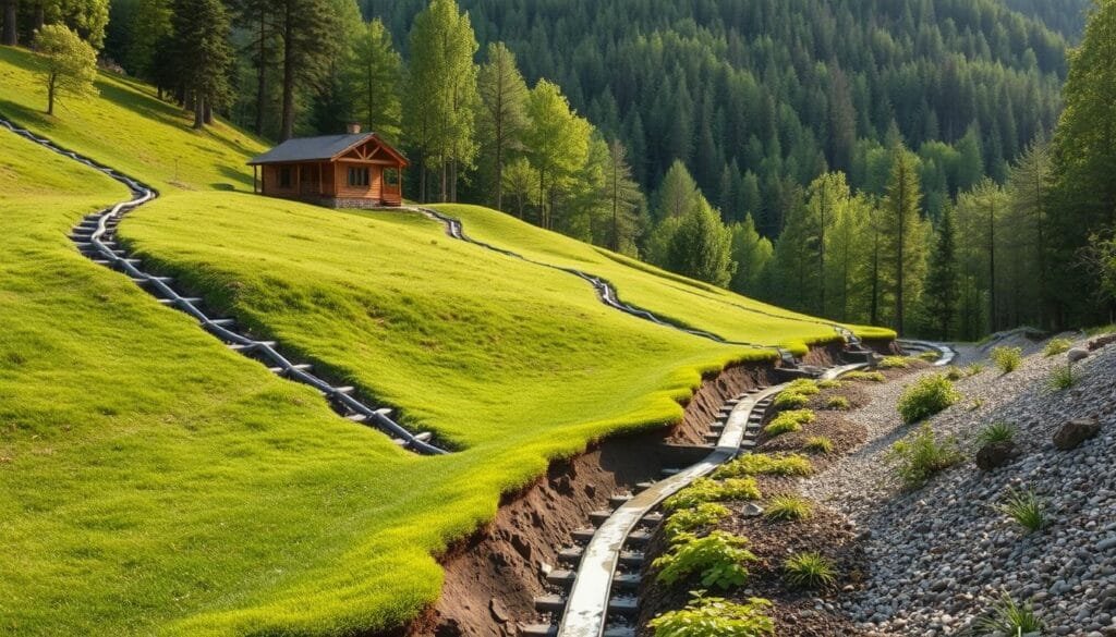 A verdant hillside dotted with strategically placed drainage pipes and swales, gently guiding excess water away from a rustic cabin nestled among the trees. The foreground features a well-engineered drainage system with smooth, gently sloping channels and permeable surfaces, seamlessly blending with the natural landscape. The middle ground showcases a combination of gravel beds, native plants, and shallow depressions designed to slow and absorb runoff. In the background, a lush, forested backdrop provides a serene and tranquil setting, illuminated by soft, diffused natural lighting that accentuates the earthy tones and textures of the scene.