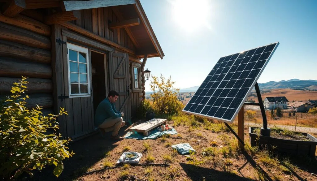 A vibrant, sun-drenched scene of an off-grid cabin nestled in a lush, seasonal landscape. In the foreground, a person kneels beside a tilted solar panel, carefully adjusting its angle to optimize energy capture as the sun's position shifts with the changing seasons. The cabin's exterior, adorned with weathered wood and rugged materials, blends seamlessly with the surrounding foliage. In the middle ground, a well-maintained garden plot thrives, hinting at the self-sufficient lifestyle within. The background showcases a panoramic view of rolling hills and a clear, azure sky, conveying a sense of peaceful isolation. Crisp, high-contrast lighting accentuates the details, creating a visually striking and technically informative image. A vibrant, sun-drenched scene of an off-grid cabin nestled in a lush, seasonal landscape. In the foreground, a person kneels beside a tilted solar panel, carefully adjusting its angle to optimize energy capture as the sun's position shifts with the changing seasons. The cabin's exterior, adorned with weathered wood and rugged materials, blends seamlessly with the surrounding foliage. In the middle ground, a well-maintained garden plot thrives, hinting at the self-sufficient lifestyle within. The background showcases a panoramic view of rolling hills and a clear, azure sky, conveying a sense of peaceful isolation. Crisp, high-contrast lighting accentuates the details, creating a visually striking and technically informative image.
