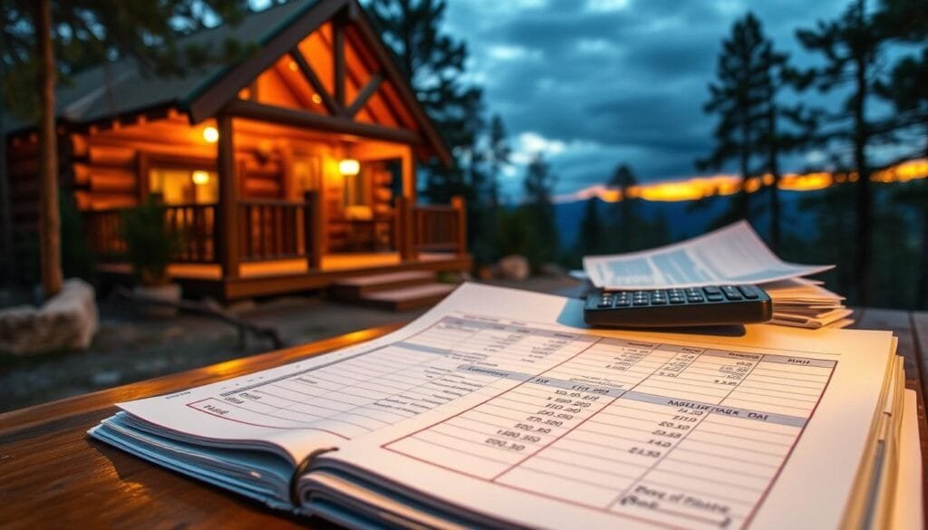A warm and cozy cabin nestled in a serene, forested landscape. The foreground features a detailed financial ledger, meticulously recording the costs of construction materials, permits, and labor. In the middle ground, a calculator and a stack of invoices, highlighting the careful budgeting required. The background showcases a panoramic view of the cabin's exterior, with the warm glow of sunset illuminating the rustic timber frame. The overall mood is one of thoughtful planning, financial responsibility, and the satisfaction of realizing a dream home in harmony with nature.
