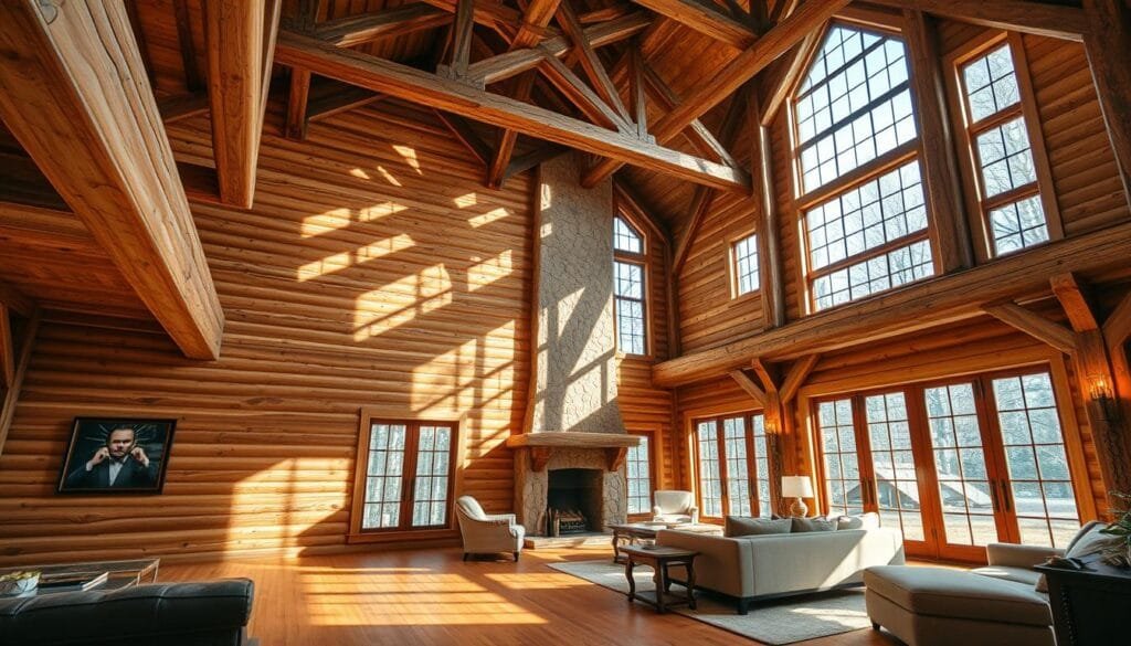A warm, cozy timber frame aesthetic with intricate joinery and natural wood textures. A spacious, sun-drenched interior with high ceilings, exposed beams, and large windows that let in abundant natural light. Textured wooden walls, rich hardwood floors, and plush furnishings create a harmonious, rustic ambiance. Soft, diffused lighting casts a welcoming glow, while strategic camera angles highlight the structural elegance and craftsmanship of the timber frame design. An inviting, comfortable space that embodies the strength, durability, and timeless appeal of timber framing. A warm, cozy timber frame aesthetic with intricate joinery and natural wood textures. A spacious, sun-drenched interior with high ceilings, exposed beams, and large windows that let in abundant natural light. Textured wooden walls, rich hardwood floors, and plush furnishings create a harmonious, rustic ambiance. Soft, diffused lighting casts a welcoming glow, while strategic camera angles highlight the structural elegance and craftsmanship of the timber frame design. An inviting, comfortable space that embodies the strength, durability, and timeless appeal of timber framing.
