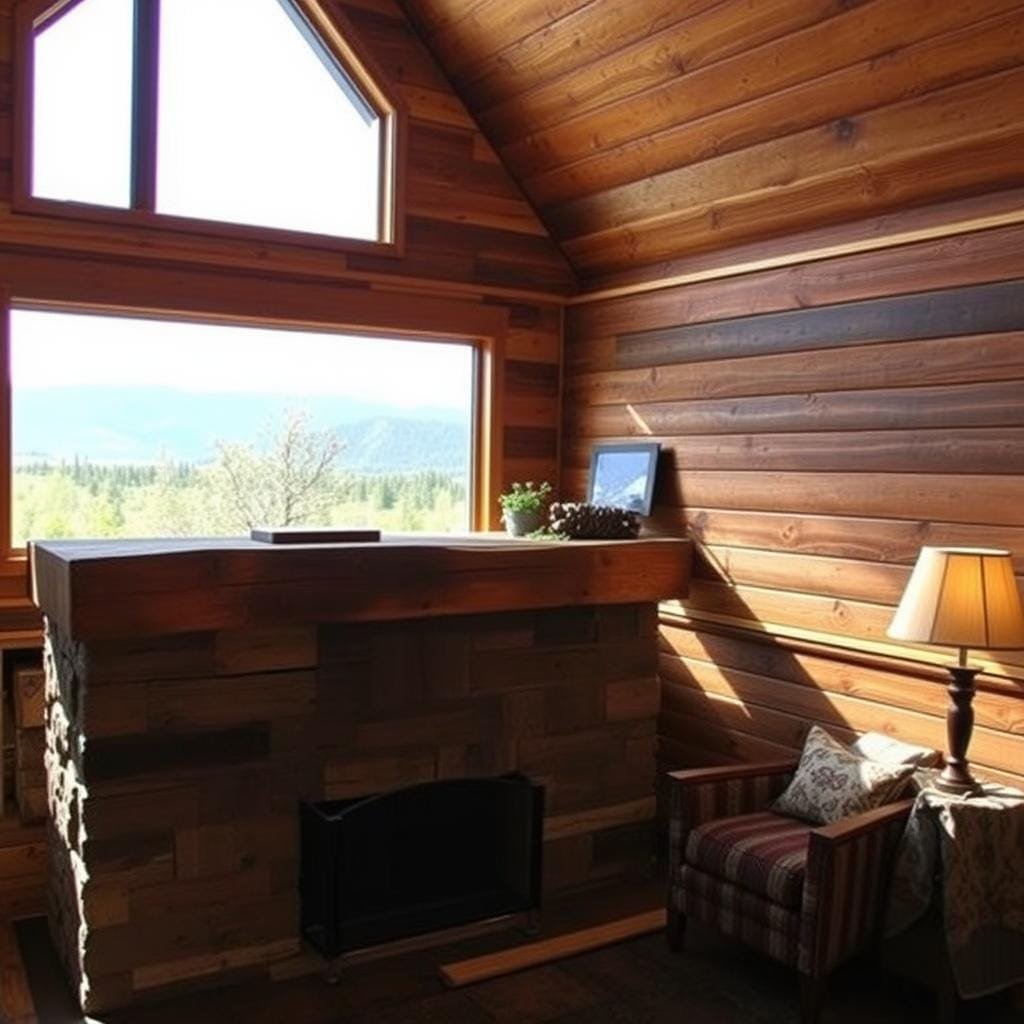 A warm, inviting cabin interior with reclaimed wood panels adorning the walls, bathed in soft, natural lighting. The wood's aged, textured surface adds rustic charm, complemented by cozy furnishings and natural elements. In the foreground, a fireplace mantle fashioned from reclaimed timber, its weathered beauty a testament to the material's resilience. The middle ground showcases the warm, earthy tones of the reclaimed wood, creating a harmonious and inviting ambiance. In the background, a panoramic window frames a scenic landscape, blending the indoor and outdoor spaces seamlessly. The overall atmosphere evokes a sense of tranquility and connection with nature, highlighting the benefits of using reclaimed wood for cabin walls.