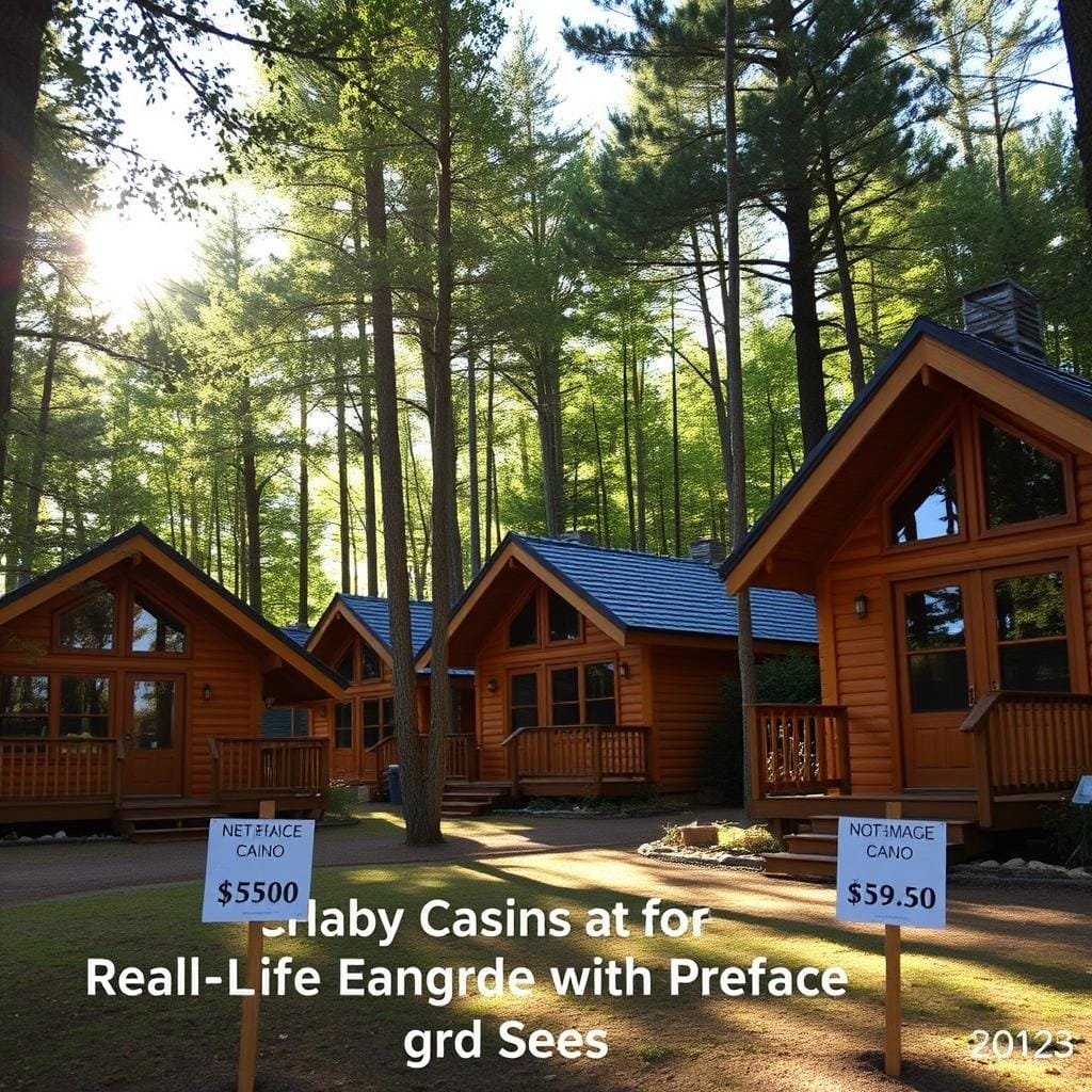 A warm, natural scene of several prefabricated cabins nestled in a lush, forested landscape. The cabins have a rustic, timber-frame aesthetic with large windows and covered porches. Sunlight filters through the trees, creating a cozy, inviting atmosphere. The cabins are arranged in a way that suggests a small, off-grid community. In the foreground, price tags or signage indicate the cost range for each model, providing a visual reference for the "Real-Life Examples and Price Ranges in the United States" section. The entire scene is captured with a wide-angle lens, emphasizing the scale and setting of the prefab cabins.