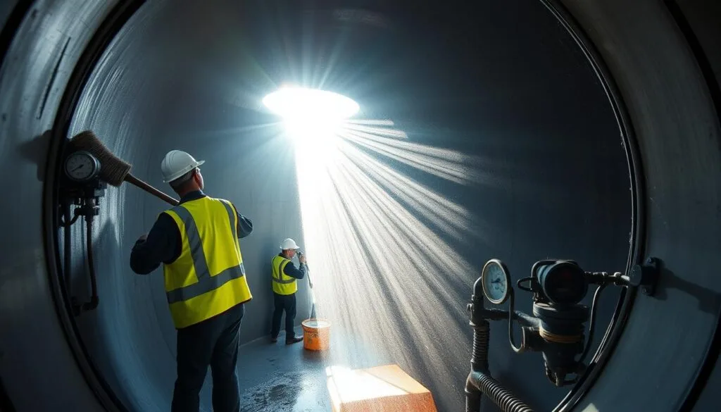 A water tank maintenance inspection and cleaning scene. In the foreground, a worker in a safety vest and hardhat uses a long cleaning brush to scrub the interior walls of a large, cylindrical water storage tank. Bright sunlight streams in through the open hatch, casting dramatic shadows and highlights. In the middle ground, another worker checks the tank's water level and pressure gauges. The background shows the surrounding equipment and infrastructure of a well-maintained water treatment facility, with pipes, valves, and other machinery visible. The overall mood is one of diligence, attention to detail, and a commitment to ensuring the water system's cleanliness and reliability.