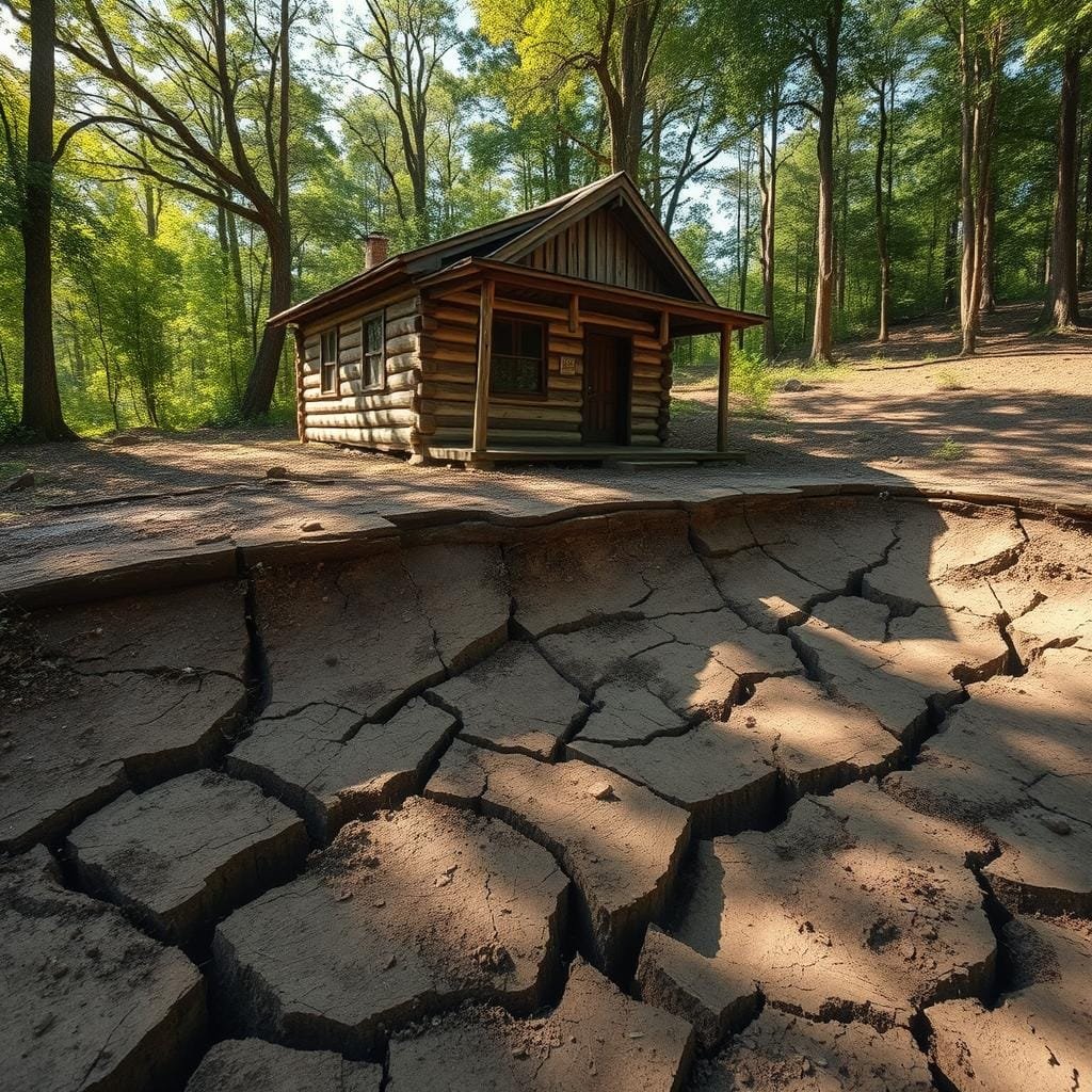 A weathered, rustic cabin nestled in a lush, wooded landscape. The ground around the foundation has buckled and cracked, with visible fissures snaking across the soil. Expansive clay-rich earth expands and contracts with seasonal changes, exerting relentless pressure on the cabin's concrete slab. Sunlight filters through the canopy, casting long shadows that accentuate the distortion of the ground. The scene conveys a sense of unease, hinting at the vulnerability of the structure to the unpredictable forces of nature.