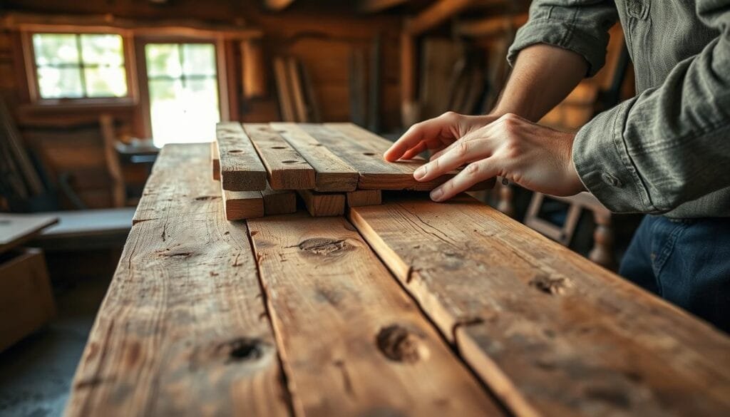 A weathered woodworker's workbench, illuminated by warm, natural light streaming through a window. Atop the bench, a collection of reclaimed wooden planks, their surfaces textured by time - some dotted with the telltale marks of old nails, others bearing the rich, mottled patina of age. A pair of sturdy, calloused hands examines each plank, meticulously inspecting for hidden imperfections and the stories they hold. In the background, a hint of a rustic, timber-framed cabin interior, hinting at the future transformation of these reclaimed materials. The atmosphere is one of reverence and careful consideration, as the woodworker evaluates the character and potential of these reclaimed treasures.