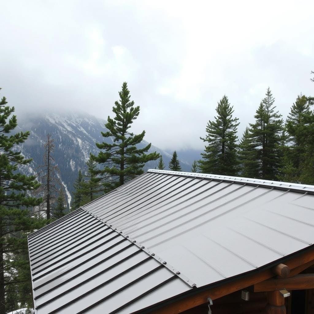 A well-built, weatherproof cabin roof in a rugged, mountainous landscape. The roof is made of sturdy metal sheeting with reinforced seams, designed to withstand heavy snowfall, strong winds, and intense storms. The metal panels have a matte finish that blends seamlessly with the natural surroundings. The cabin is nestled among towering pine trees, their branches swaying gently in the breeze. Warm, diffused sunlight filters through the clouds, creating a serene, contemplative atmosphere. The roof's clean lines and angular design complement the cabin's rustic, yet modern aesthetic, making it a practical and visually appealing choice for extreme weather conditions.