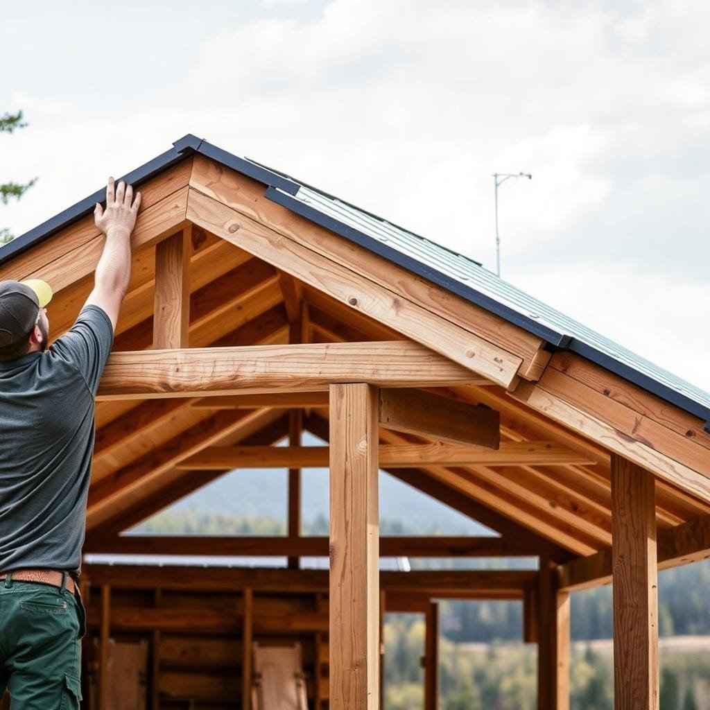 A well-constructed cabin roof with an economical and practical installation process. In the foreground, a skilled worker carefully positions wooden beams and roofing panels, showcasing efficient techniques that prioritize cost-effectiveness without compromising quality. The middle ground depicts the partially completed roof structure, revealing the thoughtful design and attention to detail. In the background, a serene natural landscape provides a picturesque setting, emphasizing the cabin's harmonious integration with its surroundings. The scene is illuminated by soft, natural lighting, capturing the warm and inviting atmosphere of the affordable yet durable roofing solution.