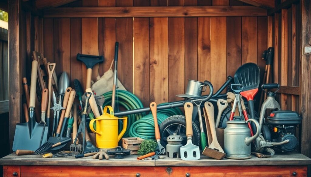A well-curated array of gardening and landscaping tools arranged artfully against a backdrop of a rustic, weathered wooden shed. The foreground features a diverse collection of hand tools, including a shovel, rake, trowel, pruning shears, and a watering can, all neatly organized on a sturdy workbench. The middle ground showcases larger implements, such as a wheelbarrow, garden hose, and a compact tiller, suggesting the tools necessary for more extensive outdoor work. In the background, the warm, natural lighting filters through the slatted shed walls, casting a soft, inviting glow and imbuing the scene with a sense of peaceful self-reliance.