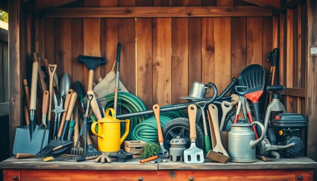 A well-curated array of gardening and landscaping tools arranged artfully against a backdrop of a rustic, weathered wooden shed. The foreground features a diverse collection of hand tools, including a shovel, rake, trowel, pruning shears, and a watering can, all neatly organized on a sturdy workbench. The middle ground showcases larger implements, such as a wheelbarrow, garden hose, and a compact tiller, suggesting the tools necessary for more extensive outdoor work. In the background, the warm, natural lighting filters through the slatted shed walls, casting a soft, inviting glow and imbuing the scene with a sense of peaceful self-reliance.