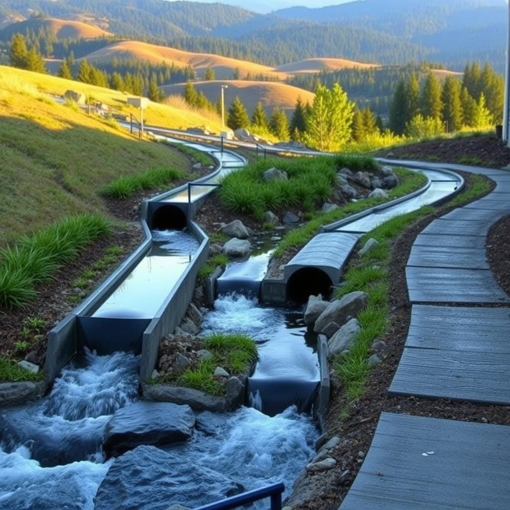A well-designed drainage system for a sloped property access, featuring a series of gently sloping channels, culverts, and permeable pavement, all bathed in soft, natural lighting. In the foreground, water flows smoothly through the carefully engineered pathways, while in the middle ground, lush vegetation and strategically placed rocks create a harmonious, nature-inspired aesthetic. The background showcases the surrounding landscape, with rolling hills and dense forest, creating a serene, tranquil atmosphere that seamlessly integrates the drainage solution into the environment.