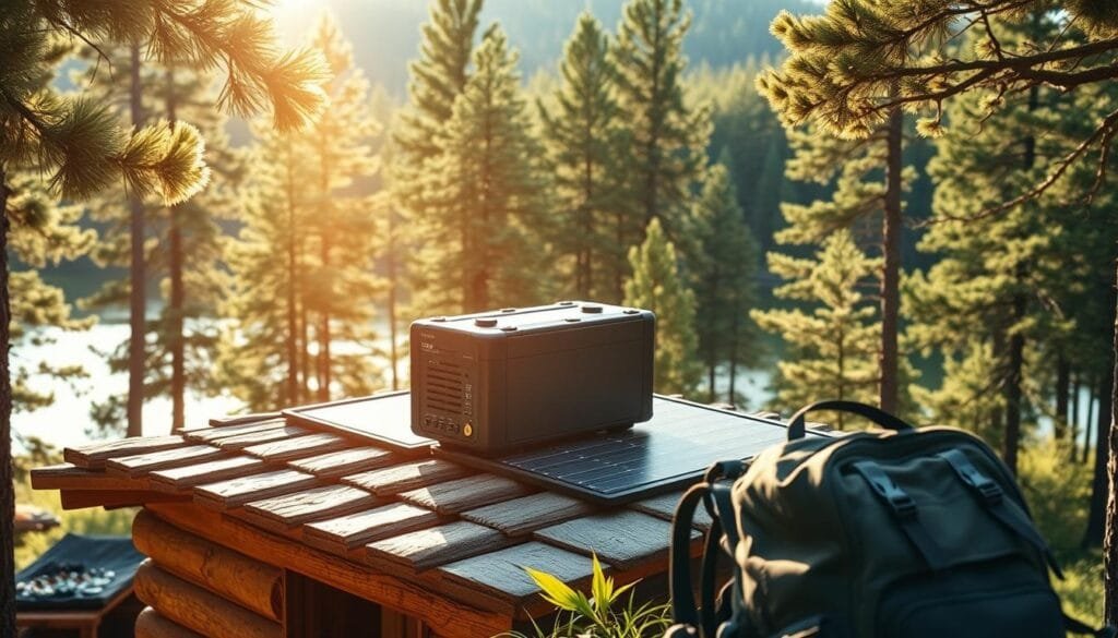 A well-designed portable solar generator sits atop a rustic cabin nestled amidst a lush, verdant forest. Sunlight streams through the canopy, casting a warm, golden glow on the generator's sleek, modern panels. The device's compact, yet robust frame blends seamlessly with the cabin's natural aesthetic, hinting at its impressive off-grid power capabilities. In the foreground, a hiking backpack and outdoor gear suggest the cabin's adventurous inhabitants, while the background reveals a tranquil lake reflecting the surrounding pine trees. This scene captures the perfect balance of technology and nature, showcasing the convenience and sustainability of a portable solar generator for the modern cabin-dweller.