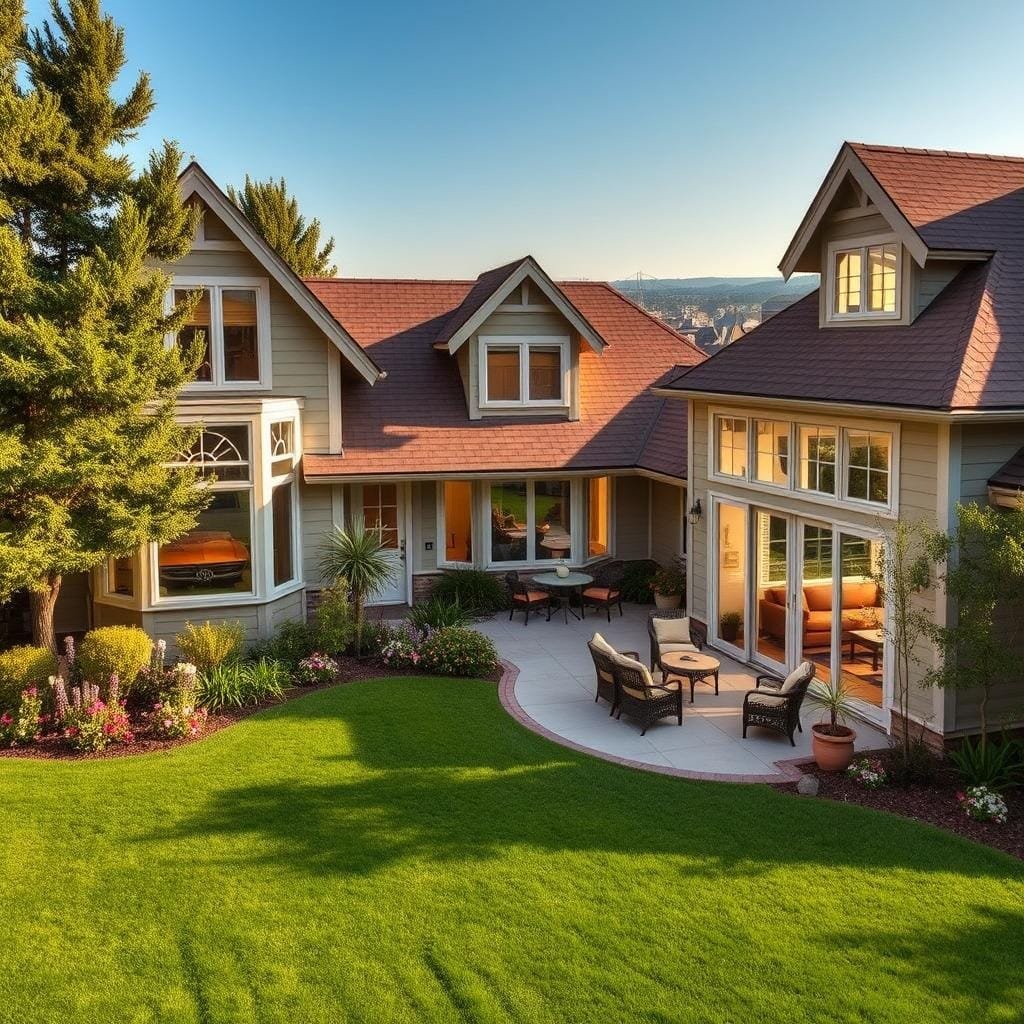 A well-designed, sustainable home with lush, mature landscaping, large windows letting in ample natural light, and a sense of timeless elegance. In the foreground, a beautifully maintained exterior with a neatly trimmed lawn, vibrant flower beds, and a pristine, freshly painted façade. In the middle ground, a sprawling patio with cozy outdoor furniture, inviting a sense of relaxation and harmonious living. The background features a panoramic view of the surrounding neighborhood, showcasing the home's harmonious integration with its environment. The lighting is warm and soft, creating a welcoming atmosphere, captured with a wide-angle lens to emphasize the home's expansive, long-term appeal.