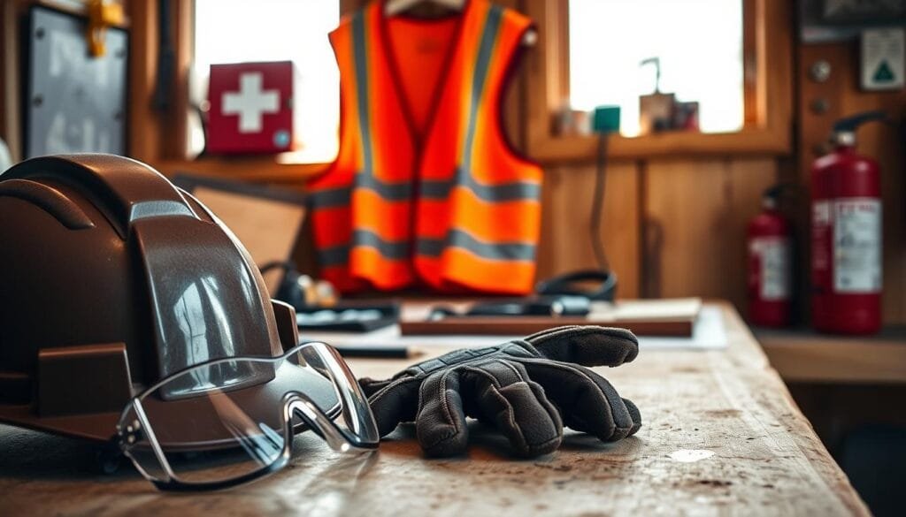 A well-equipped cabin builder's workbench, illuminated by warm natural light streaming through a window. In the foreground, a sturdy hardhat, safety goggles, and a pair of rugged work gloves lie neatly arranged, ready for use. In the middle ground, a high-visibility reflective vest hangs, a symbol of essential personal protection. In the background, a first-aid kit and a fire extinguisher stand as reminders of the importance of safety preparedness. The overall atmosphere conveys a sense of organized, responsible craftsmanship, with safety as the paramount concern.