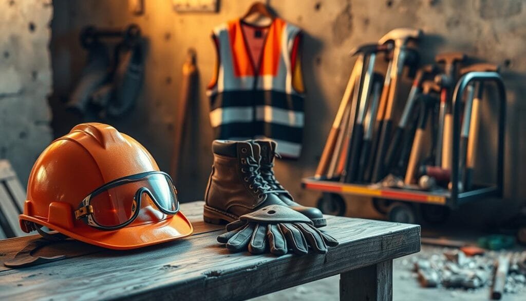 A well-equipped demolition site, bathed in warm, directional lighting. In the foreground, a sturdy hard hat, safety goggles, and thick work gloves lay neatly on a weathered workbench. Behind them, a full-body harness and reinforced steel-toe boots stand ready for the challenging tasks ahead. In the middle ground, a high-visibility safety vest hangs on a hook, its reflective stripes glinting subtly. Further back, a collection of certified tools - crowbars, sledgehammers, and a heavy-duty pry bar - are organized on a rolling cart, their sharp edges hinting at the demanding work to come. An atmosphere of diligence and preparedness pervades the scene, underscoring the importance of safety in responsible demolition.