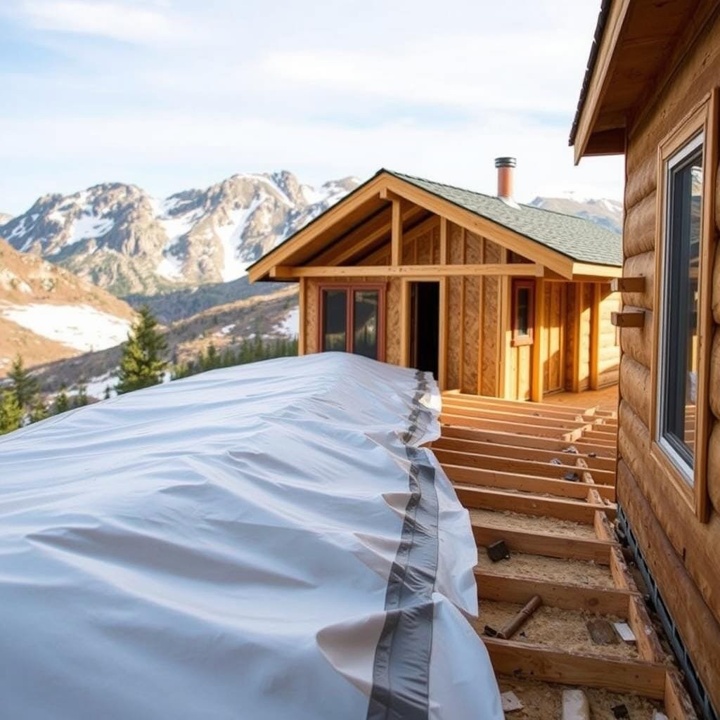 A well-insulated cabin on a sloped roof, with a focus on the moisture protection system. In the foreground, a vapor barrier is being carefully installed, its edges sealed with tape to create an airtight seal. Midground shows the framing and insulation, ensuring efficient thermal and moisture control. The background depicts the rugged, picturesque landscape surrounding the cabin, hinting at the need for weatherproofing in this remote, mountainous setting. Soft, natural lighting illuminates the scene, emphasizing the attention to detail in the construction process. An overall sense of functionality and environmental harmony is conveyed. A well-insulated cabin on a sloped roof, with a focus on the moisture protection system. In the foreground, a vapor barrier is being carefully installed, its edges sealed with tape to create an airtight seal. Midground shows the framing and insulation, ensuring efficient thermal and moisture control. The background depicts the rugged, picturesque landscape surrounding the cabin, hinting at the need for weatherproofing in this remote, mountainous setting. Soft, natural lighting illuminates the scene, emphasizing the attention to detail in the construction process. An overall sense of functionality and environmental harmony is conveyed.