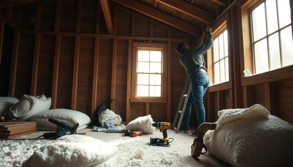 A well-lit cabin interior, a person intently focused on installing insulation. Loose insulation material lies nearby, while power tools and a ladder stand ready. Natural light streams through the windows, casting a warm glow. The cabin walls are partially exposed, revealing the wooden frame and insulation cavities. The person's movements suggest a careful, methodical approach, capturing the essence of a DIY insulation project. Crisp, high-resolution details showcase the textures of the materials and the person's hands at work. An atmosphere of quiet concentration and accomplishment pervades the scene.