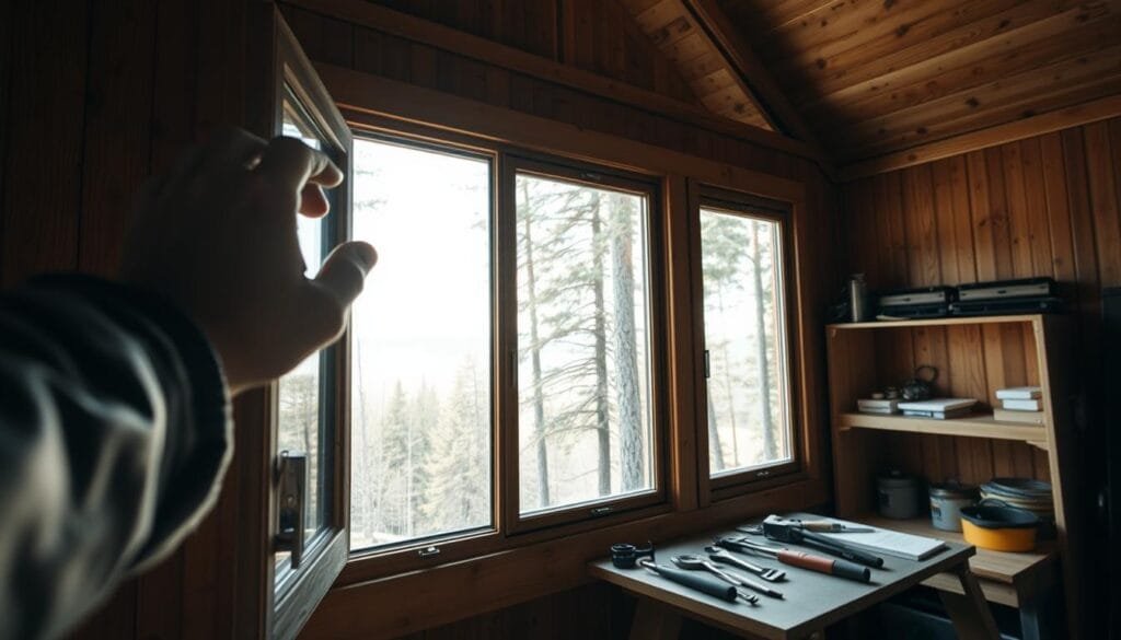 A well-lit cabin interior, the focus on a large window overlooking a serene forest landscape. In the foreground, a weathered hand inspects the window frame, checking for any cracks, warping or weathering. Diffused natural light filters through the glass, casting a warm glow on the wood paneled walls. The window's hardware, hinges and seals are examined closely, the inspector's tools laid out neatly. The background shows a tidy workspace, with shelves of maintenance supplies and a view of the surrounding wilderness through the pristine window. An atmosphere of diligent care and attention to detail pervades the scene.