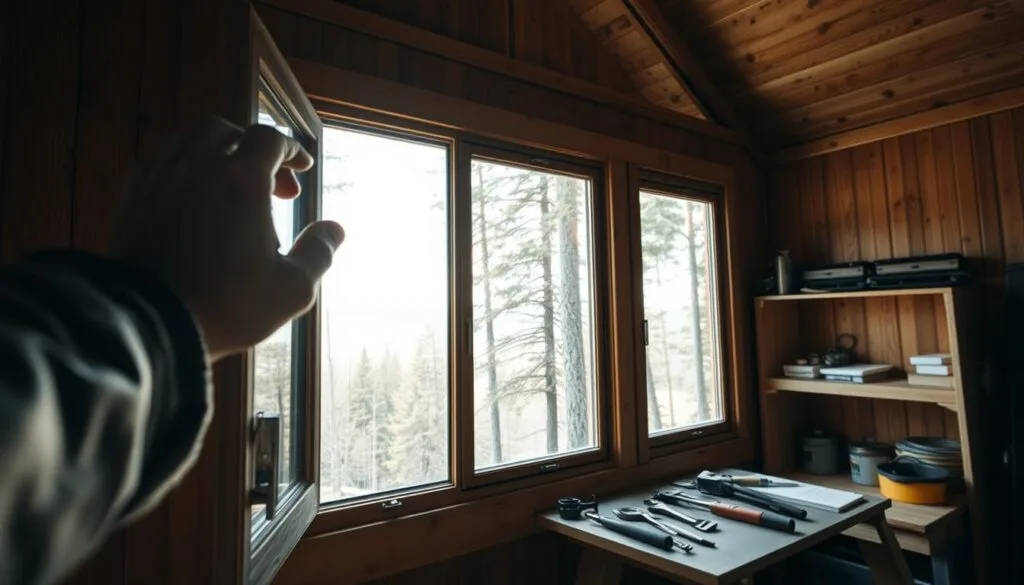 A well-lit cabin interior, the focus on a large window overlooking a serene forest landscape. In the foreground, a weathered hand inspects the window frame, checking for any cracks, warping or weathering. Diffused natural light filters through the glass, casting a warm glow on the wood paneled walls. The window's hardware, hinges and seals are examined closely, the inspector's tools laid out neatly. The background shows a tidy workspace, with shelves of maintenance supplies and a view of the surrounding wilderness through the pristine window. An atmosphere of diligent care and attention to detail pervades the scene.