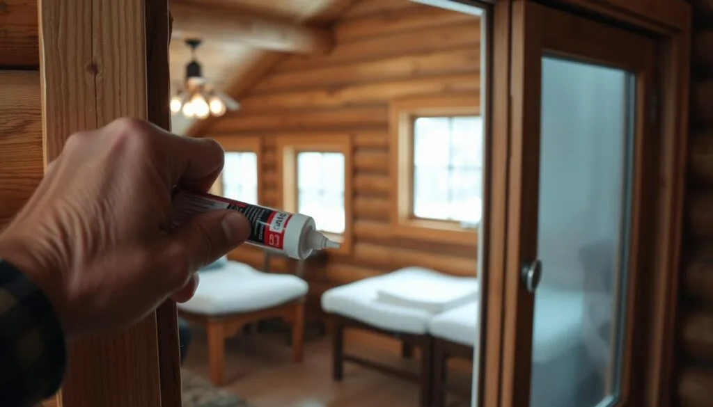 A well-lit cabin interior, with a wooden window frame in the foreground. A skilled hand carefully applying a bead of high-quality caulking sealant along the edge, creating a weathertight barrier. The technique is precise, with the caulk smoothly adhering to the frame and surrounding surfaces. In the middle ground, additional cabin windows are visible, each properly sealed and insulated. The background showcases the cozy, rustic ambiance of the cabin, enhancing the overall sense of a practical, long-lasting solution for insulating the space.