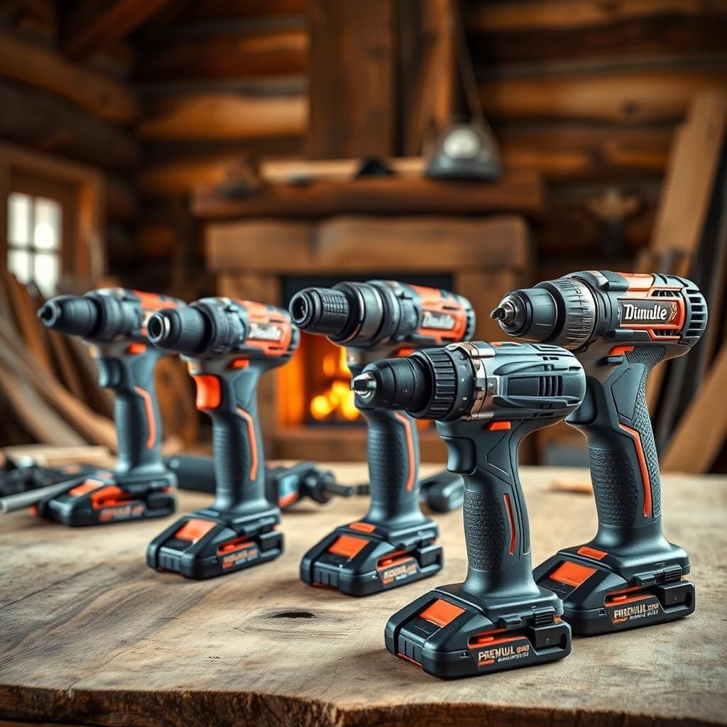 A well-lit close-up of an assortment of high-quality power drills in a rustic cabin setting. The drills are arranged on a sturdy wooden workbench, with a backdrop of log walls and a cozy fireplace in the distance. The drills feature textured grips, powerful motors, and variable speed controls, showcasing their advanced features for precise cabin construction tasks. The scene radiates an atmosphere of craftsmanship and attention to detail, highlighting the importance of choosing the right tools for successful cabin building projects. A well-lit close-up of an assortment of high-quality power drills in a rustic cabin setting. The drills are arranged on a sturdy wooden workbench, with a backdrop of log walls and a cozy fireplace in the distance. The drills feature textured grips, powerful motors, and variable speed controls, showcasing their advanced features for precise cabin construction tasks. The scene radiates an atmosphere of craftsmanship and attention to detail, highlighting the importance of choosing the right tools for successful cabin building projects.