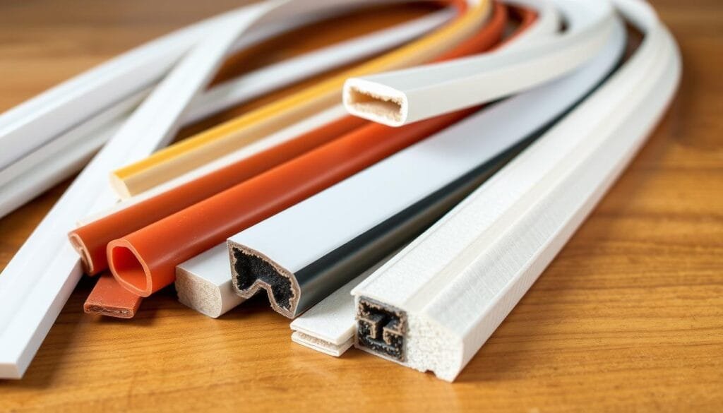 A well-lit, close-up photograph of an assortment of weatherstripping materials, including vinyl, rubber, and foam strips, arranged neatly on a wooden surface. The materials should be displayed in a way that showcases their textures, colors, and cross-sections, highlighting their suitability for sealing cabin windows. The lighting should be soft and even, accentuating the details and creating a sense of depth and dimension. The background should be clean and uncluttered, allowing the weatherstripping materials to be the focal point of the image.