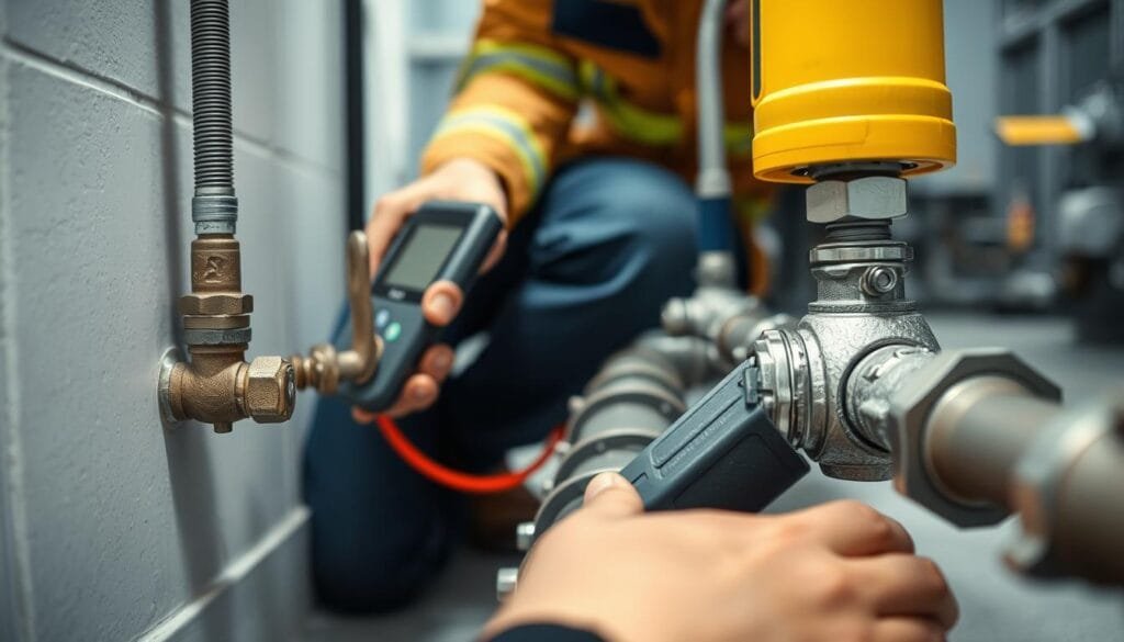 A well-lit, close-up scene of a technician inspecting a water system, with a focus on the testing and detection equipment. The technician is kneeling next to a water pipe, closely examining it with a handheld leak detection tool. The foreground is sharp and detailed, showcasing the technician's work and the specialized equipment. The middle ground features the water system components, including valves, fittings, and connections. The background is slightly blurred, suggesting a clean, professional environment, such as a utility room or a water treatment facility. The overall mood is one of focused attention and technical expertise, conveying the importance of thorough water system testing and maintenance.
