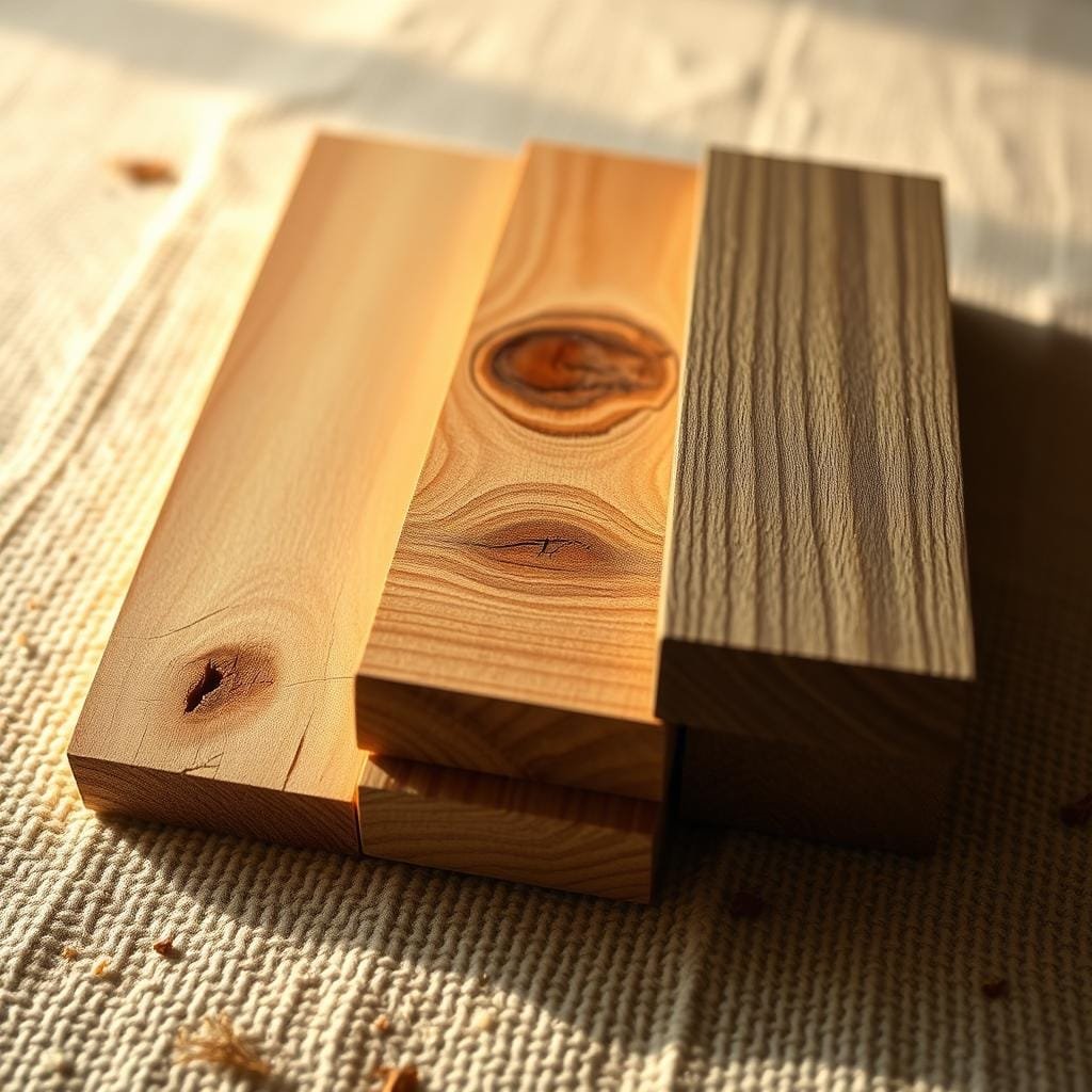 A well-lit, close-up scene showcasing three distinct wood samples - pine, cedar, and Douglas fir. The samples are neatly arranged on a neutral, textured surface, allowing their unique grains, knots, and hues to be clearly visible. Soft, warm lighting from the side casts gentle shadows, accentuating the natural contours and patterns of the wood. The perspective is slightly elevated, inviting the viewer to inspect and compare the characteristics of these common cabin construction materials. The overall mood is one of thoughtful examination, guiding the audience's attention to the subtle differences that define each wood species.