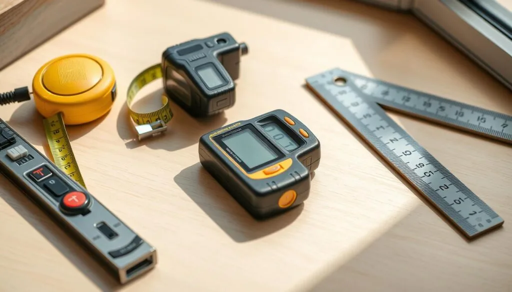 A well-lit close-up shot of an assortment of common window measurement tools, including a retractable tape measure, a digital angle finder, a laser distance meter, and a window frame ruler. The tools are arranged neatly on a light-colored wooden surface, casting soft shadows and creating a sense of order and precision. The background is slightly blurred, maintaining the focus on the measurement instruments and conveying a professional, informative atmosphere suitable for an article on energy-efficient cabin windows.