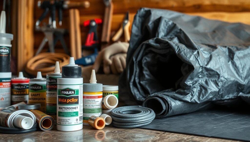 A well-lit, close-up shot of an assortment of professional-grade waterproofing materials for protecting a cabin from heavy rain and snow. In the foreground, various sealants, caulks, and weatherstripping in a range of colors and textures. In the middle ground, a roll of sturdy, high-quality tarp and a heavy-duty waterproof membrane. In the background, a collection of tools like a caulking gun, utility knife, and gloves, all neatly organized. The overall scene conveys a sense of preparedness and attention to detail, with a warm, slightly muted color palette to evoke a rustic, outdoorsy aesthetic.