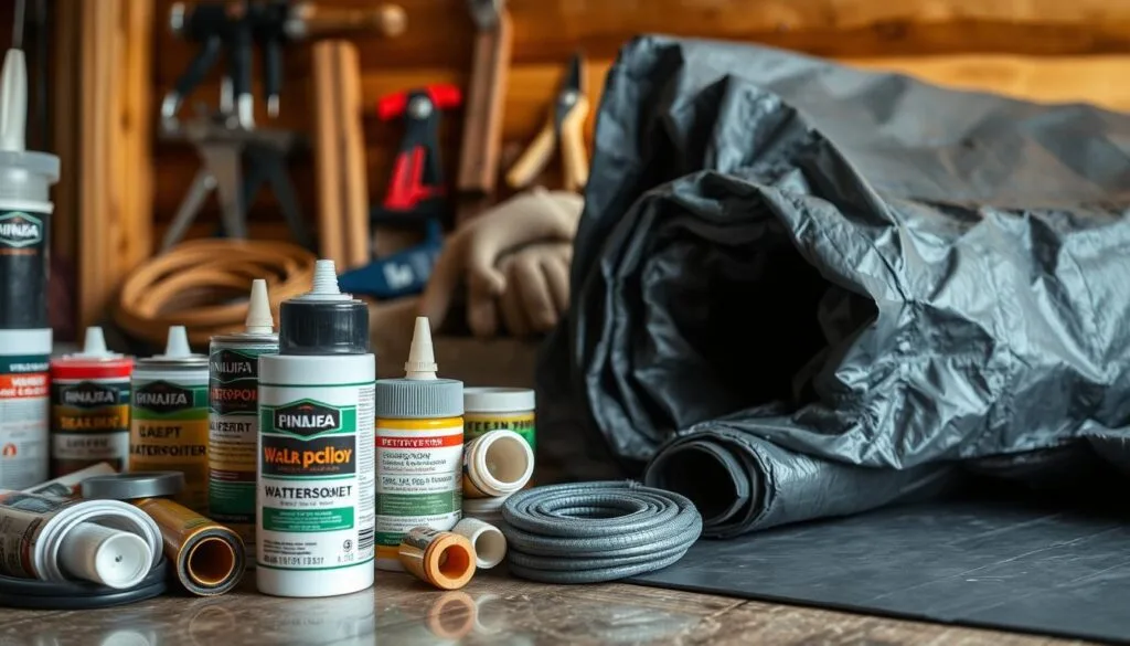 A well-lit, close-up shot of an assortment of professional-grade waterproofing materials for protecting a cabin from heavy rain and snow. In the foreground, various sealants, caulks, and weatherstripping in a range of colors and textures. In the middle ground, a roll of sturdy, high-quality tarp and a heavy-duty waterproof membrane. In the background, a collection of tools like a caulking gun, utility knife, and gloves, all neatly organized. The overall scene conveys a sense of preparedness and attention to detail, with a warm, slightly muted color palette to evoke a rustic, outdoorsy aesthetic.