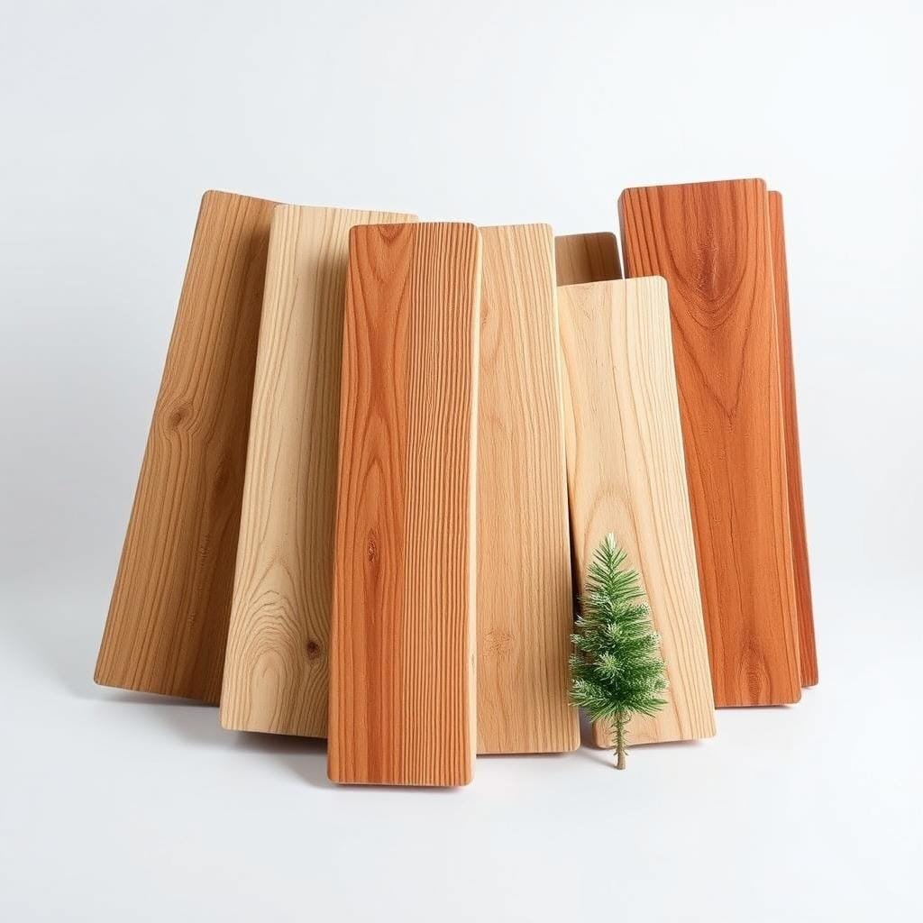 A well-lit close-up showcasing a diverse arrangement of popular softwood species used in construction, including Douglas fir, Western red cedar, Ponderosa pine, and Spruce. The wooden samples are displayed in a clean, minimalist setting, with a subtle gradient background that draws attention to the natural textures and grains of the timber. Crisp, even lighting accentuates the colors and details of the wood, creating a visually compelling and informative illustration of the versatile softwood options available for building projects.