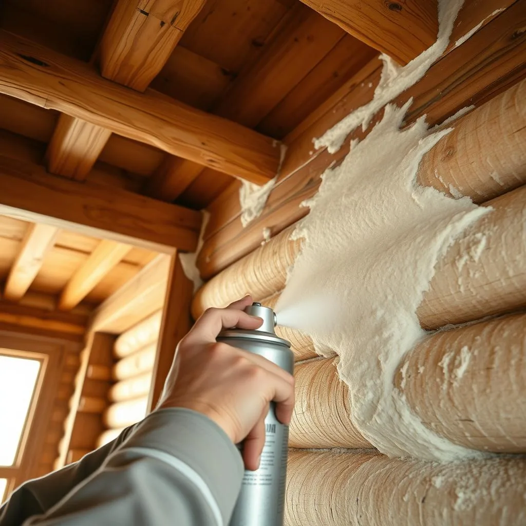 A well-lit, close-up view of a person carefully applying spray foam insulation to the interior wall of a rustic wooden cabin. The insulation fills the gaps between the cabin's exposed beams, creating an even, seamless layer of protection. The focus is on the precise application technique, with the applicator's hands and the nozzle of the spray foam canister visible in the foreground. The background shows the cabin's rough-hewn logs and the warm, cozy atmosphere of the interior space. The lighting is soft and natural, highlighting the texture and density of the expanding foam as it adheres to the surface.