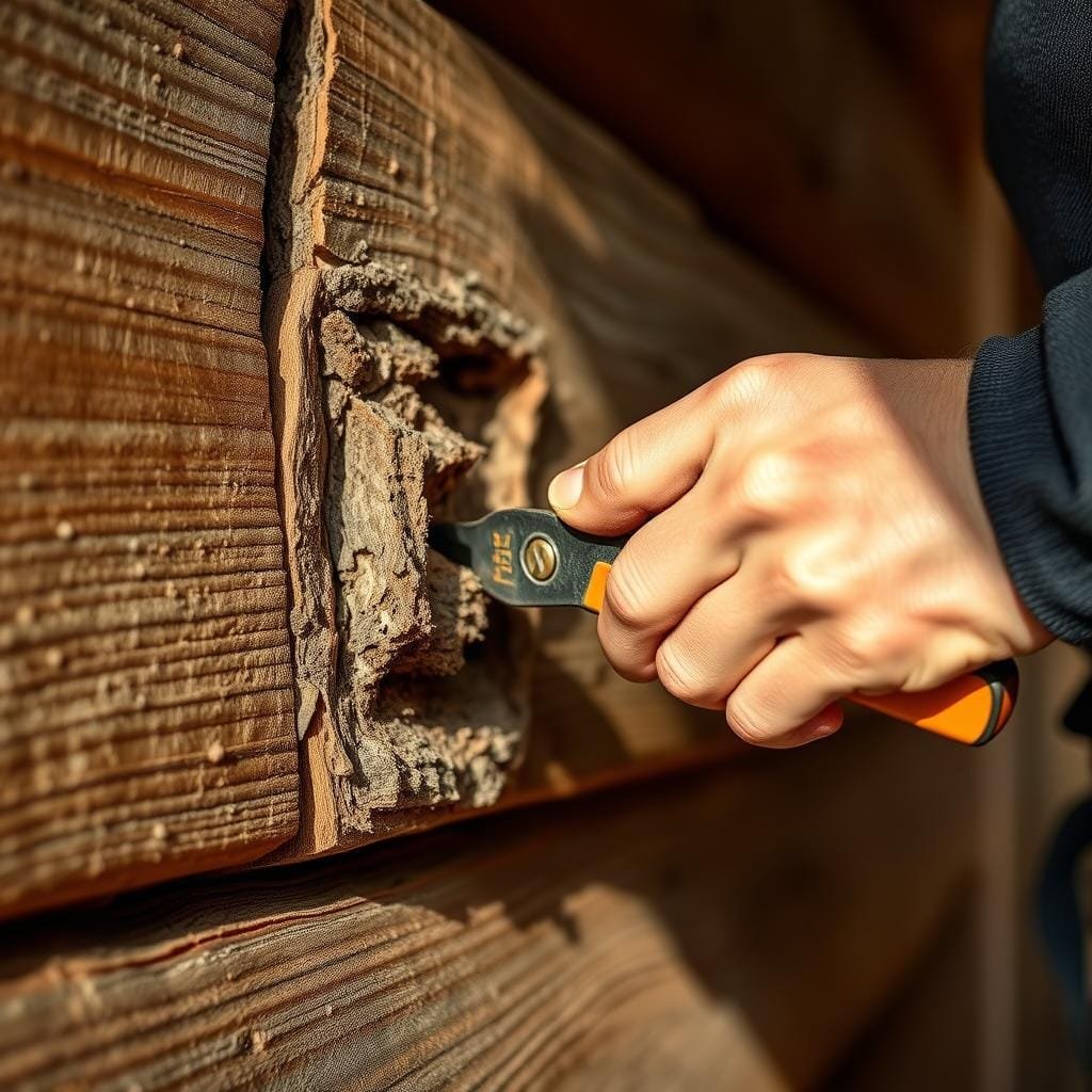 A well-lit, detailed close-up examination of a professional carpenter's hands performing a thorough wood rot diagnosis on a section of weathered cabin wall. The focus is on the carpenter's tools and hands as they carefully inspect the damaged wood, with a sense of concern and expertise. The background is slightly blurred, emphasizing the important diagnostic process. The lighting is natural and warm, creating a sense of study and careful consideration. The overall mood is one of professional inspection and assessment, conveying the importance of proper diagnosis for effective wood rot treatment.
