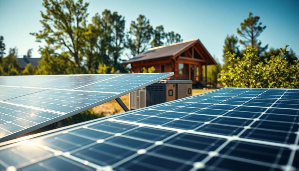 A well-lit, detailed close-up shot of an off-grid solar power system. In the foreground, solar panels with a sleek, modern design glisten in the sunlight, their surfaces reflecting the surrounding landscape. In the middle ground, a battery bank and power inverter sit neatly arranged, their metallic casings gleaming. In the background, a rustic wooden cabin nestled amidst lush foliage, hinting at the self-sufficient, nature-embracing lifestyle this system powers. The overall scene conveys a sense of clean, renewable energy and the freedom of living off the grid.