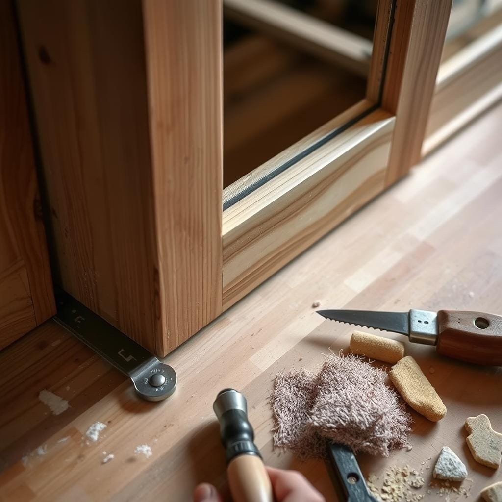 A well-lit, detailed close-up view of a wooden door frame, its surfaces slightly weathered, with tools and materials like a handsaw, chisel, sandpaper, and wood putty visible nearby. The frame is being carefully adjusted, with visible gaps or misalignments between the door and the frame that need to be addressed. The scene conveys a sense of focused attention and careful craftsmanship as the installer makes the necessary adjustments to ensure a proper, secure fit for the cabin door.