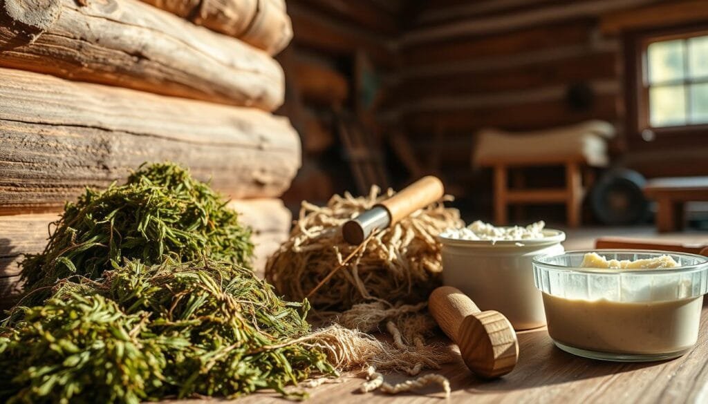 A well-lit, detailed close-up view of various log cabin chinking materials, including moss, oakum, chinking compound, and tools for application. The foreground showcases the textures and colors of the materials, with a middle ground of a rustic log wall in the process of being chinked, and a softly blurred background of a cozy log cabin interior. The lighting is natural and warm, casting subtle shadows that accentuate the depth and dimension of the scene. The overall mood is one of traditional craftsmanship and the care and attention required to properly seal and insulate a log cabin's walls.