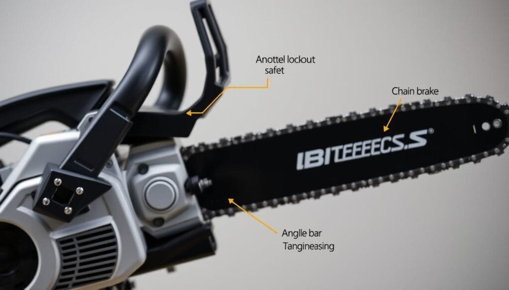 A well-lit, detailed close-up view of various safety features on a modern chainsaw. The foreground showcases the chain brake, the hand guard, and the throttle trigger lockout, all highlighted in a clean, technical style. The middle ground depicts the angled guide bar and chain, emphasizing the precision engineering. The background subtly frames the scene with a neutral, muted tone, keeping the focus on the essential safety components. Captured with a sharp, high-resolution lens to showcase the intricate details and textures of the chainsaw's design.