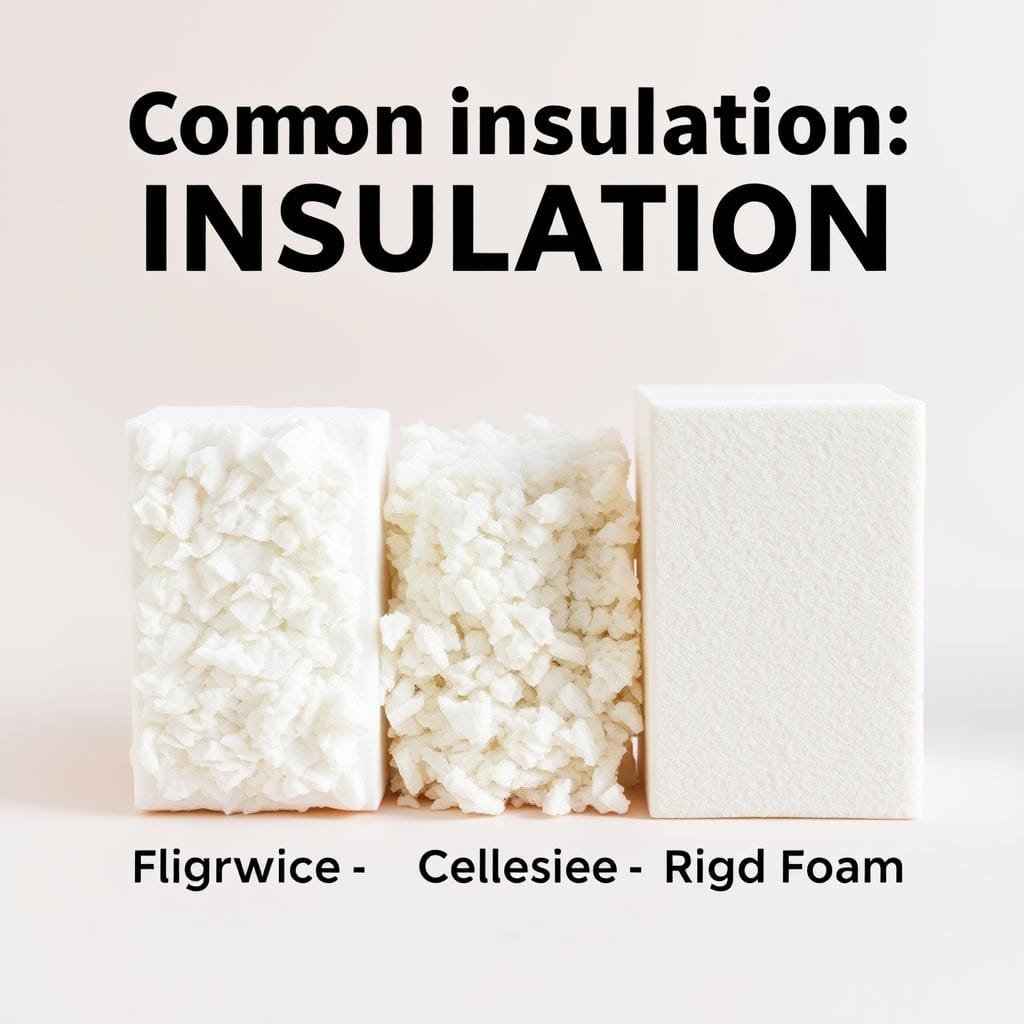 A well-lit, detailed comparison of common insulation materials - fiberglass, cellulose, and rigid foam - displayed side-by-side on a clean, neutral background. The materials are presented in a realistic manner, showing their distinct textures, densities, and insulating properties. The image conveys a sense of informative and educational purpose, allowing viewers to visually assess the key differences between the insulation options. Crisp focus, balanced lighting, and a slightly elevated camera angle create a clear, unobstructed view of the materials. An overall professional, analytical tone sets the stage for an informed decision-making process.