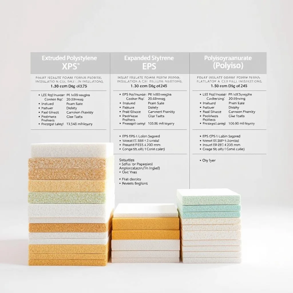 A well-lit, detailed comparison of various types of foam board insulation, showcased in an organized grid arrangement. The foreground features neatly stacked samples of different insulation boards, such as extruded polystyrene (XPS), expanded polystyrene (EPS), and polyisocyanurate (polyiso), each with distinct textures and colors. The middle ground provides clear labeling and technical specifications for each insulation type. The background depicts a clean, minimal studio setting with soft, diffused lighting, emphasizing the insulation materials' properties and performance characteristics. The overall mood is informative, technical, and visually appealing, suitable for an article on insulating a cabin foundation for cold climates.