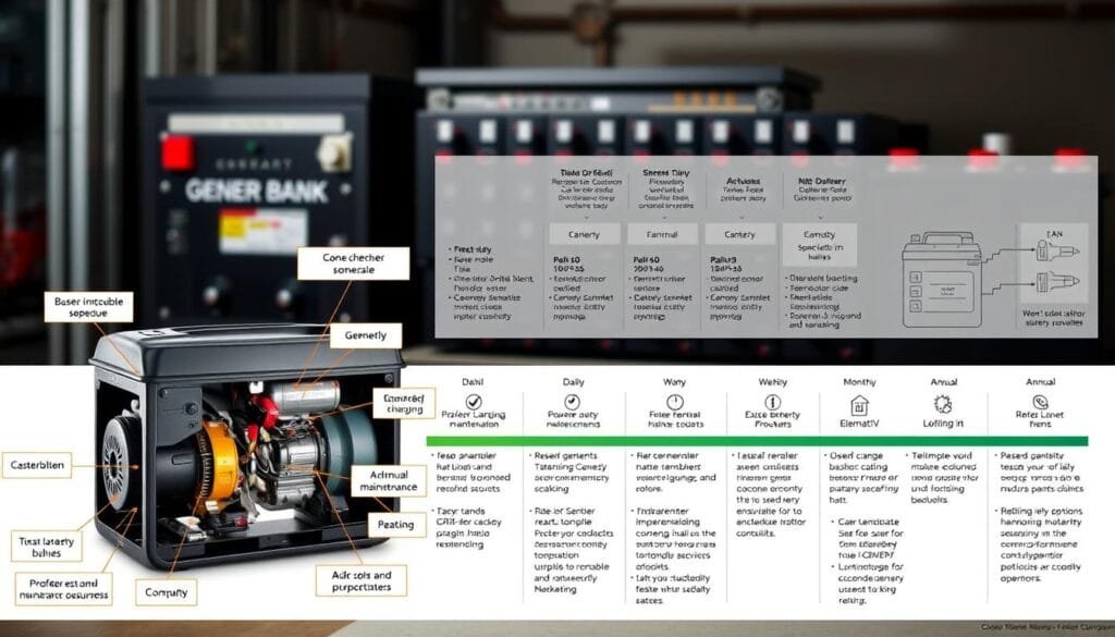 A well-lit, detailed diagram showcasing a generator maintenance schedule and battery system care. In the foreground, a cutaway view of a generator's internal components, with labels pointing to key parts requiring regular inspection and service. In the middle ground, a comprehensive timeline highlighting daily, weekly, monthly, and annual maintenance tasks. The background features a battery bank, with schematics illustrating proper charging, testing, and replacement procedures. The overall tone is informative and technical, with a focus on optimizing the lifespan and reliability of the generator and battery systems. A well-lit, detailed diagram showcasing a generator maintenance schedule and battery system care. In the foreground, a cutaway view of a generator's internal components, with labels pointing to key parts requiring regular inspection and service. In the middle ground, a comprehensive timeline highlighting daily, weekly, monthly, and annual maintenance tasks. The background features a battery bank, with schematics illustrating proper charging, testing, and replacement procedures. The overall tone is informative and technical, with a focus on optimizing the lifespan and reliability of the generator and battery systems.