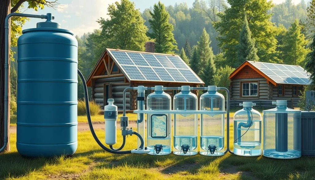A well-lit, detailed illustration depicting a comprehensive off-grid water storage and purification system. In the foreground, a large rain barrel collects runoff, with a hose leading to a robust filtration unit. In the middle ground, a series of clear tanks house a multi-stage purification process, including UV sterilization and mineral enhancement. In the background, solar panels power the entire system, while a weathered wooden cabin nestles in the distance, surrounded by lush greenery. The overall atmosphere conveys self-sufficiency, sustainability, and a harmonious integration of technology with the natural environment.