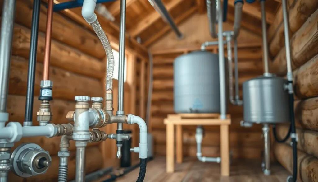 A well-lit, detailed interior scene of a cabin's plumbing installation, showcasing the water lines connecting the cabin to a water tank. The foreground features various plumbing components such as pipes, valves, and fittings, meticulously arranged and connected. The middle ground depicts the water tank, its size and placement within the cabin's framework, providing a clear visual reference. The background gently blurs, highlighting the wooden cabin structure and creating a sense of depth and scale. The overall lighting is natural, with soft shadows and highlights, conveying a sense of functionality and craftsmanship. The scene conveys a mood of practical, hands-on problem-solving within the rustic, cozy environment of a cabin.