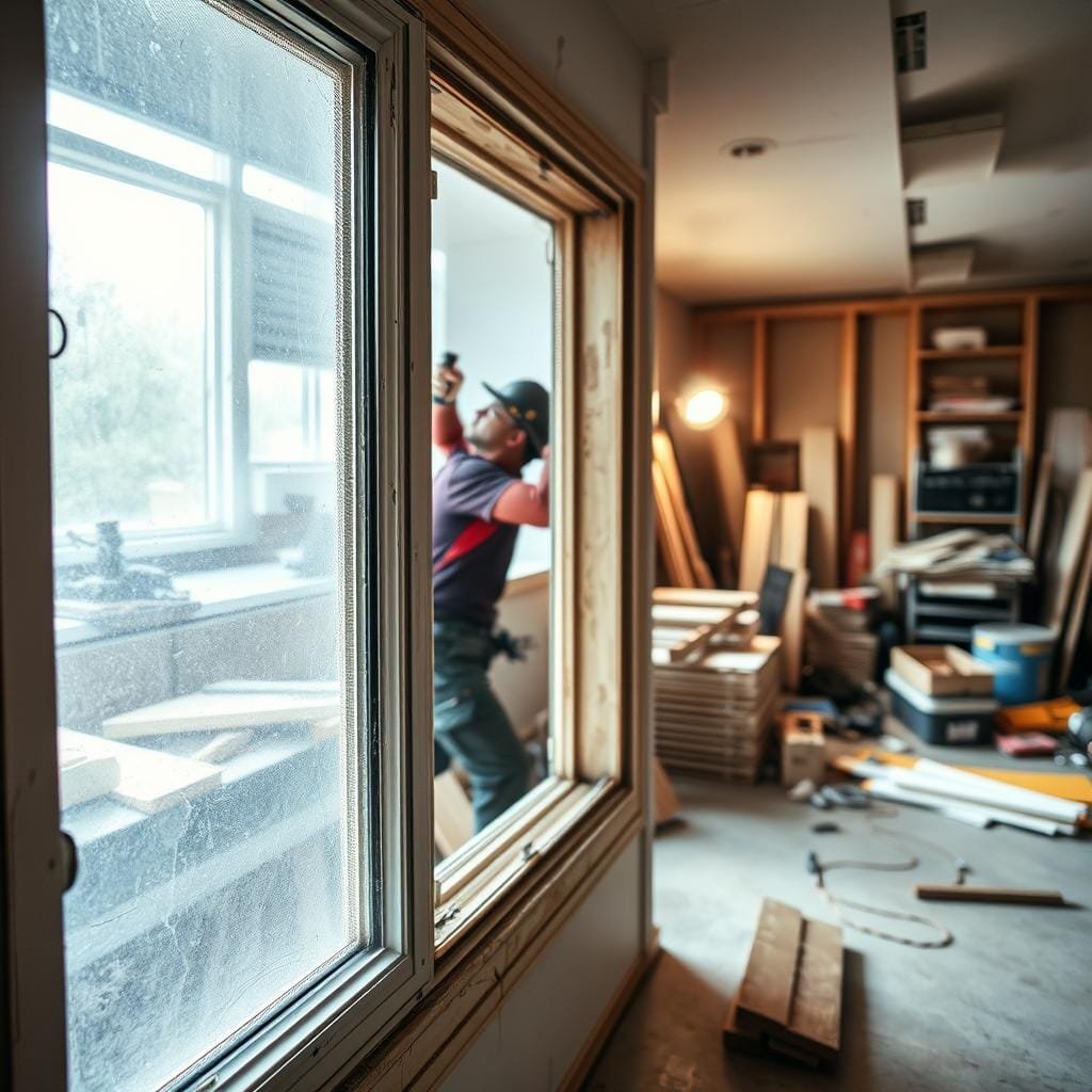 A well-lit, detailed scene depicting common window installation risks. In the foreground, a partially installed window frame with gaps and misalignments, highlighting improper sealing and poor fit. In the middle ground, a worker struggling to secure the window, using the wrong tools and techniques. In the background, a cluttered workspace with discarded materials, signaling a lack of organization and preparation. The overall lighting is a mix of natural daylight and harsh task lighting, casting shadows that obscure critical installation steps. The atmosphere conveys a sense of frustration and potential for costly mistakes, underscoring the importance of careful planning and attention to detail when undertaking a DIY window installation project.