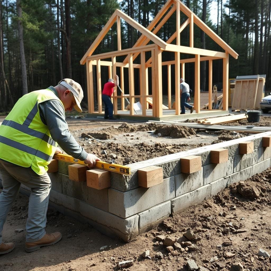 A well-lit, detailed scene of a cabin foundation being leveled. In the foreground, a worker uses a level and wooden blocks to carefully adjust the alignment of the foundation's corners. In the middle ground, additional workers pour concrete and tamp down the soil around the foundation. In the background, the partially constructed cabin frame stands, surrounded by construction materials and tools. The scene conveys a sense of precision, diligence, and the importance of properly aligning and securing the foundation for the cabin's long-term stability.