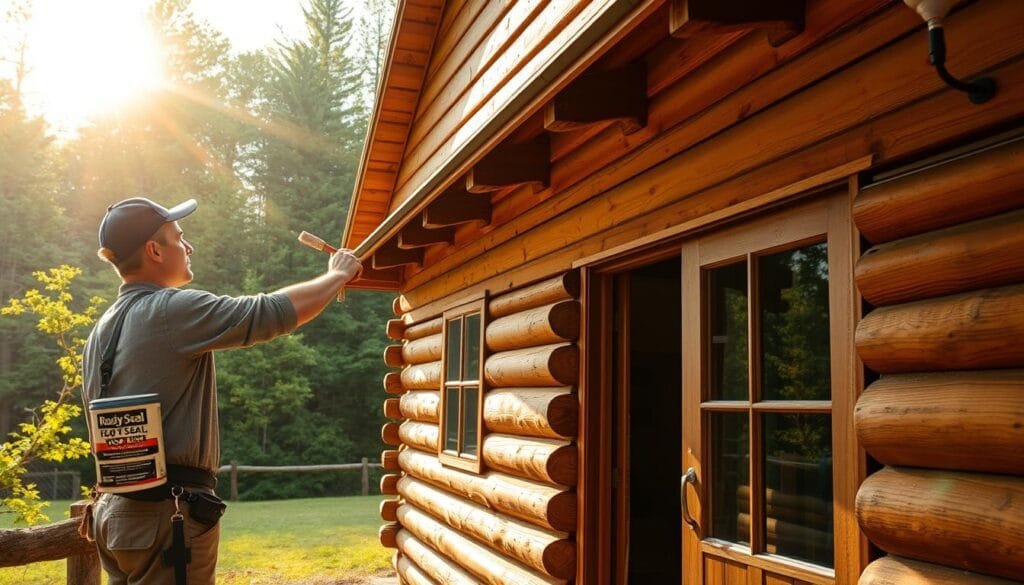 A well-lit exterior of a rustic wooden cabin, with the sun casting a warm, golden glow across the surface. In the foreground, a person in work clothes diligently applies Ready Seal oil-based wood sealer to the cabin's walls using a paintbrush, creating a smooth, even coating that enhances the natural grain of the wood. The middle ground showcases the cabin's charming architectural details, such as the log siding and the sturdy wooden beams. In the background, a lush, verdant forest provides a picturesque backdrop, creating a peaceful, secluded atmosphere. The entire scene conveys a sense of care and attention being paid to the cabin's preservation, with the Ready Seal sealer application serving as the focal point.