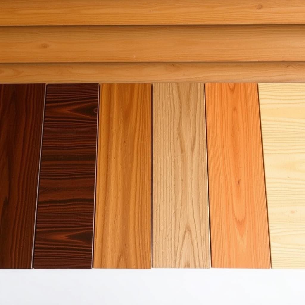 A well-lit, high-angle comparison of the most popular log home stains, featuring a side-by-side arrangement of expertly finished wooden panels. The foreground showcases a variety of stain colors and textures, ranging from deep mahogany to light, natural tones. The middle ground displays the stains' sheen and opacity, while the background provides a clean, neutral backdrop to highlight the stains' visual characteristics. The lighting is soft and evenly distributed, creating a sense of clarity and professionalism. The image conveys the quality and aesthetic appeal of these top-rated log home stains, suitable for use in an article on the best exterior finishes for cabins.